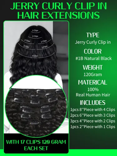 Miniatura 2 de Anrosa Extensiones de cabello humano con clip, cabello natural negro #1B, rizado en espiral, extensiones de cabello humano con clip para mujeres