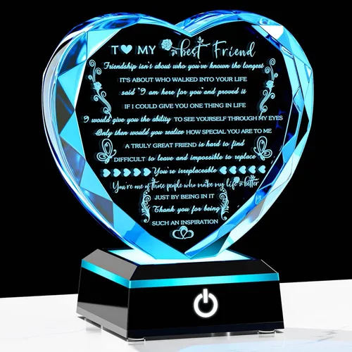 Regalos de cumpleaños YWHL para la mejor amiga con base LED colorida en forma de corazón, cristal de amistad, regalos significativos para mejores
