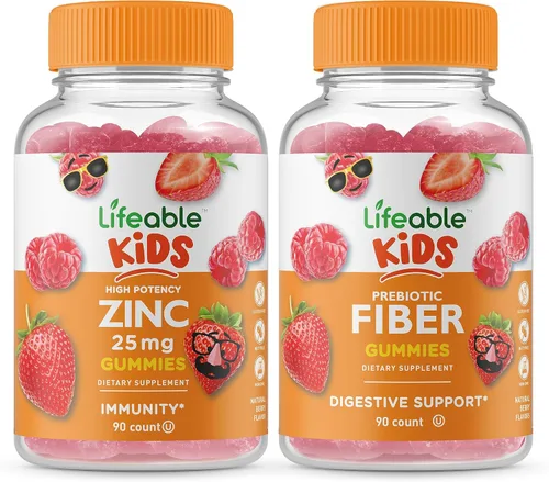 Lifeable Zinc 25mg Kids + Prebiotic Fiber Kids - Paquete de gomitas de gran sabor, suplemento vitamínico, sin gluten, sin OMG, gomita masticable