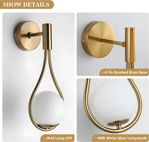 Miniatura 3 de Lámpara de pared de cristal dorada de mediados de siglo, moderna lámpara de pared con acabado de latón antiguo, lámpara de pared de mesita de noche