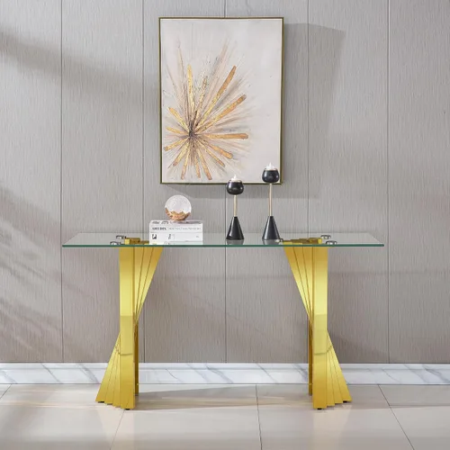 Miniatura 120 de Mesa de centro de cristal de lujo, mesa de centro de sofá de 47 pulgadas con marco de acero inoxidable dorado y parte superior de vidrio negro, mesa