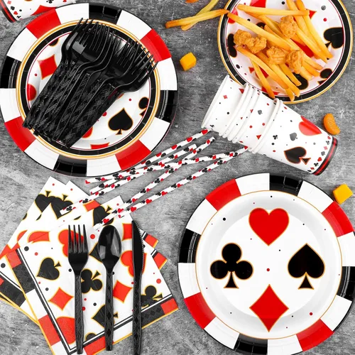 Miniatura 5 de durony Juego de vajilla de 147 piezas con temática de casino, incluye platos, servilletas, vasos, Staws y cubiertos para decoración de fiesta