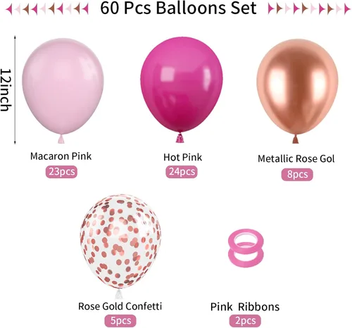 Miniatura 2 de Globos de color rosa intenso y oro rosa, 60 globos rosa pastel, globos de confeti de oro rosa metálico de 12 pulgadas, globo de látex rojo rosa