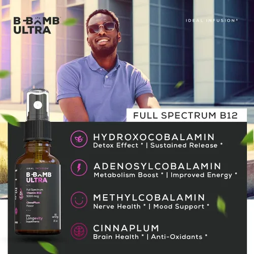 Miniatura 6 de Ideal Infusion B-Bomb Triple B12 Spray líquido de vitamina: metilcobalamina, adenosilcobalamina, hidroxocobalamina, salud nerviosa y refuerzo
