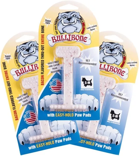 Bullibone Juguete masticable de nailon para perros masticadores agresivos, hueso de higiene dental con sabor a tocino, juguetes duraderos y