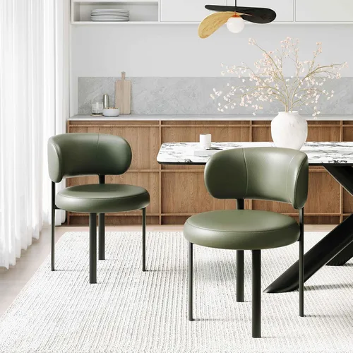 Miniatura 8 de Juego de 2 sillas de comedor beige de cuero con patas de metal, soporte de resorte y respaldo curvado, silla redonda de comedor de cocina