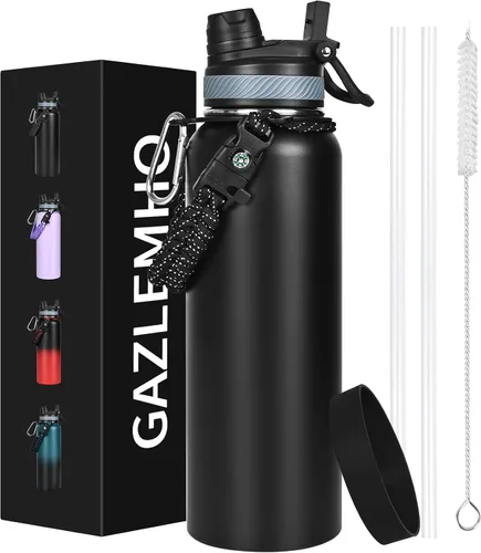 Miniatura 12 de GAZLEMHO Botella de agua aislada de 40 onzas con pajilla y boquilla, tapa 2-en-1, acero inoxidable de triple pared al vacío, fría durante 48H, a