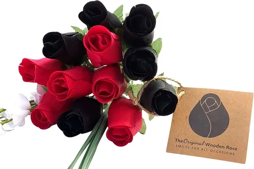 Miniatura 16 de Rojo con puntas negras y ramo de rosas de madera blanca (2 docenas)