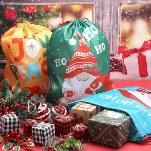 Miniatura 4 de Xuniea 12 bolsas de recuerdos de fiesta de Navidad para niños, mochila con cordón de Papá Noel, golosinas de Papá Noel, bolsas de regalo, regalos