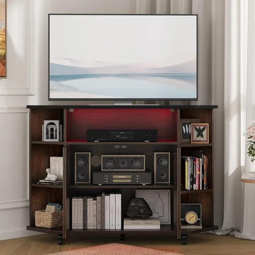 Miniatura 6 de 4 EVER WINNER Soporte de TV esquinero, gabinete de TV esquinero estilo granja con luces LED para TV de 50 pulgadas, estantes ajustables, soporte