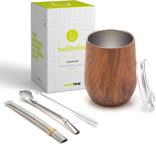 Miniatura 2 de BALIBETOV Juego de calabaza de yerba mate de acero inoxidable premium, 5 piezas, incluye calabaza de 12 onzas con tapa, 2 bombillas, cepillo
