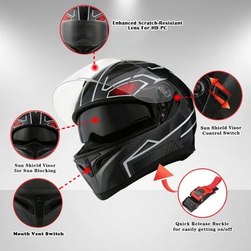 Miniatura 2 de 1STorm - Casco integral para motocicleta, de calle, con doble visera/parasol, negro brillante mecánico, talla pequeña (20.9/21.3 pulgadas)