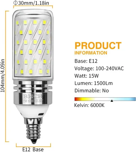 Miniatura 2 de Bombillas LED E12, 15 W, luz blanca diurna de 6000 K, 1500 lm, bombillas de rosca Edison pequeñas, equivalente a incandescente de 120 W, paquete de 4