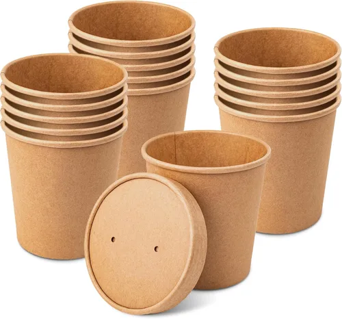 Miniatura 10 de PakTalk Paquete de 50 Recipientes de Sopa con Tapas, Vasos de Helado Desechables y Biodegradables, Cuencos de Sopa de Papel Kraft de 12 oz con Tapas