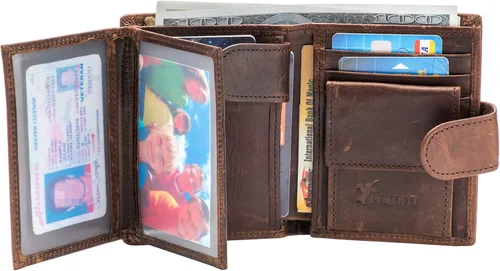 Miniatura 3 de Tarjetero grande de cuero genuino RFID con cierre a presión, 3 ventanas de identificación para hombres, Classic