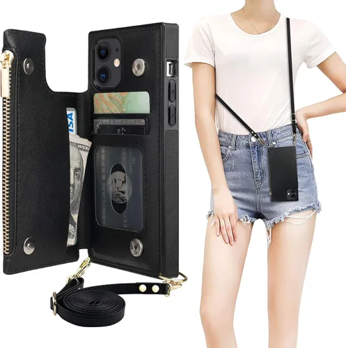 Bocasal Funda tipo cartera cruzada para iPhone 11 con tarjetero, protector de ranura para tarjetas con cremallera, a prueba de golpes, con correa