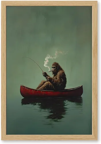 Miniatura 12 de Póster de lienzo retro de Sasquatch, divertido pie grande en una canoa roja, pesca verde esmeralda, arte de pared, diseño de casa de lago, vintage