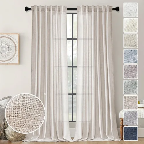Miniatura 76 de Cortinas de lino 92 pulgadas de largo, juego de 2 paneles con bolsillo para barra, lengüeta trasera, cortinas transparentes para ventanas