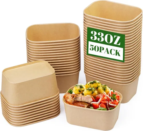 Miniatura 12 de Paquete de 25 cuencos de papel de 19 onzas, recipientes desechables con tapas, cuencos rectangulares desechables con tapas, cuencos de ensalada