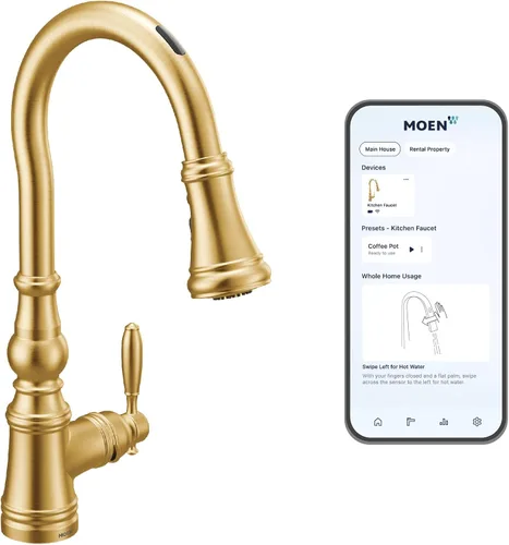 Miniatura 41 de Moen WeymouthBrushed Gold S73104BG - Grifo de cocina con resorte de preenjuague de un mango con refuerzo de potencia para una limpieza más rápida