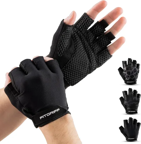 Fitgriff® Guantes de entrenamiento (acolchados) para hombres y mujeres, guantes de gimnasio sin dedos para levantamiento de pesas, entrenamiento,