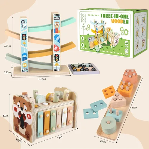 Miniatura 7 de Juguetes Montessori de madera para niños de 1 año, juguetes de clasificación y apilamiento, juguete de martilleo con xilófono y juego de pesca
