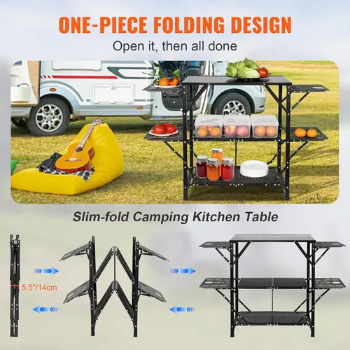 Miniatura 6 de Mesa de cocina de camping VEVOR, estación de cocina plegable de aluminio portátil para exteriores con 4 lados de hierro, 2 estantes y bolsa