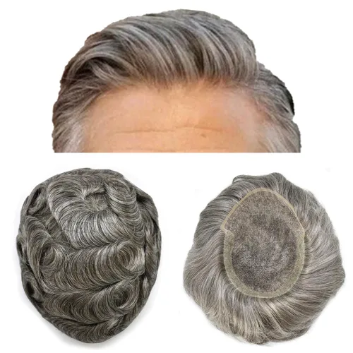 Miniatura 53 de Sistema de cabello para hombres, pieza de cabello humano real, tupé para hombres, encaje suizo para hombre, nudo blanqueado para hombre, tupé