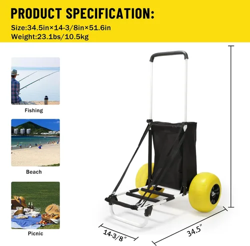 Miniatura 6 de Carrito de Pesca para Playa, Ruedas de Globo Grandes de 13" con Neumáticos Sólidos de PU Sin Pinchazos para Arena, Carrito de Arena Plegable