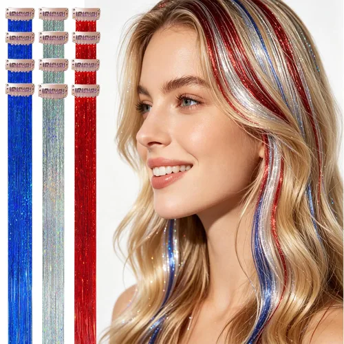 Miniatura 35 de Celinebella 6 extensiones de cabello con clip de mezcla de color rojo, plateado y azul, 6 unidades, resistentes al calor, para mujeres, 17-Azul