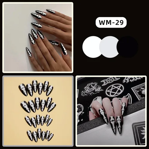 Miniatura 2 de Uñas postizas a presión para Halloween, con forma de hueso gótico, de terror, de cobertura completa, color blanco y negro, acrílico, para fiestas