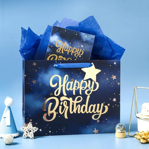 Miniatura 4 de WRAPAHOLIC Bolsa de regalo grande de 13 pulgadas con tarjeta y papel de seda, papel de estrella azul marino dorado feliz cumpleaños Azul marino