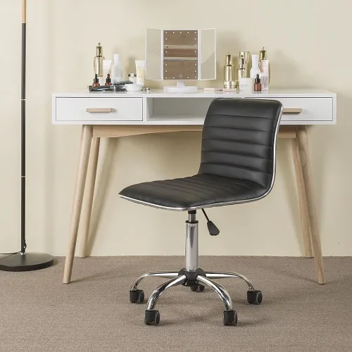 Miniatura 2 de Yaheetech Silla de escritorio ajustable de trabajo de piel sintética con respaldo bajo acanalado, sin reposabrazos, giratoria, negra, con ruedas