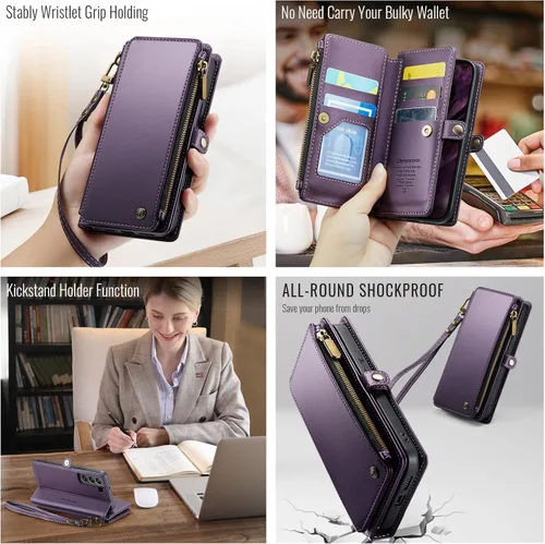 Miniatura 4 de Defencase Funda compatible con Samsung Galaxy S22 5G con tarjetero de bloqueo RFID para mujeres y hombres, correa magnética de piel sintética