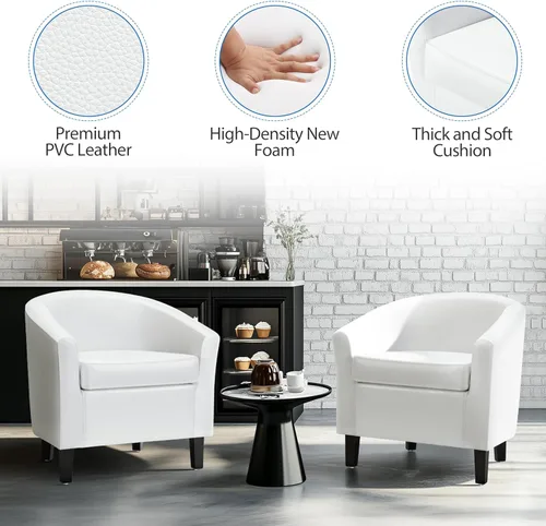 Miniatura 5 de Yaheetech Silla de cuero blanco, silla acentuada de cuero sintético, silla moderna de barril, silla de club cómoda con patas suaves acolchadas