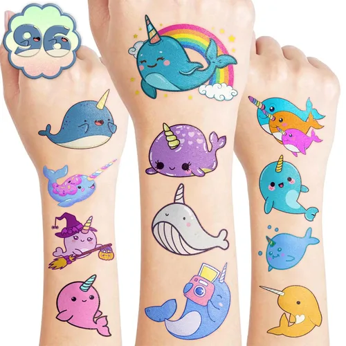 96 tatuajes temporales precortados de narval – Suministros de fiesta de cumpleaños con temática de ballena, lindas calcomanías para niños, recuerdos