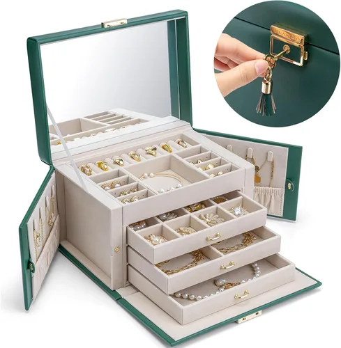Vlando Joyero organizador con llave con llave, bandeja de 3 cajones para joyas, collares, aretes, anillos, soporte, exhibición de almacenamiento,