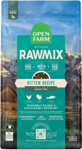 Open Farm, RawMix Alimento seco para gatos, croquetas repletas de proteínas recubiertas en caldo de huesos con trozos crudos liofilizados, formulada