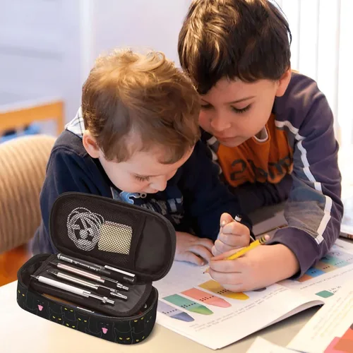 Miniatura 6 de Estuche organizador de lápices con patrón de gato negro, gran capacidad, papelería con cremallera, suministros escolares, bolsa para lápices