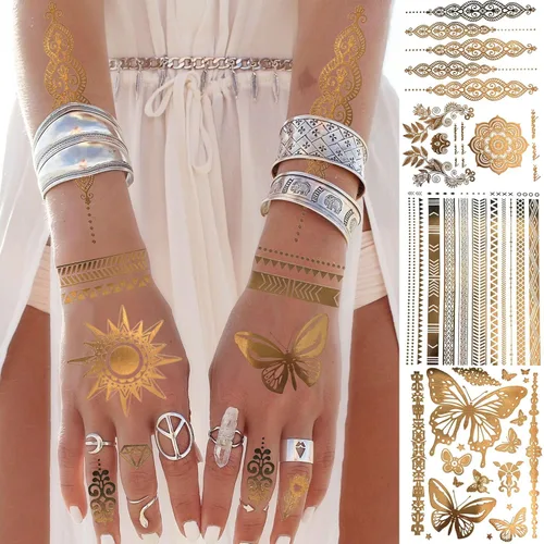 Miniatura 6 de Bilizar 9 hojas de más de 110 diseños de tatuajes temporales de oro flash metálico para mujeres adultas, niñas, león dorado de festival, sol, luna