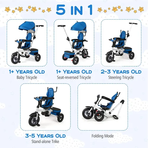 Miniatura 3 de Costzon - Triciclo, 5 en 1 para niños pequeños con mango de empuje plegable, asiento giratorio, rueda EVA, dosel ajustable, canasta de Azul