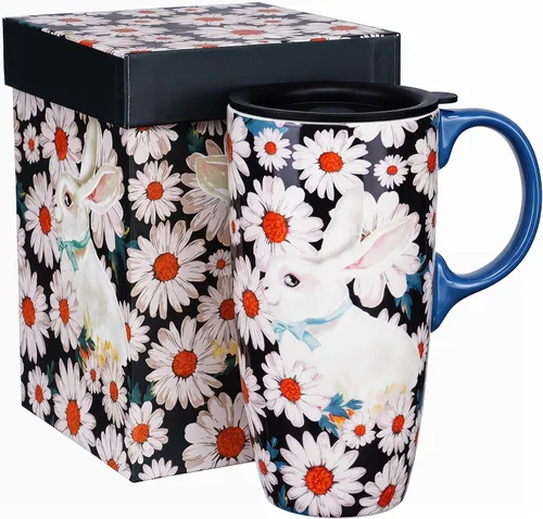 Miniatura 13 de Topadorn Taza de café de cerámica de 17 onzas con tapa y caja de regalo, taza de té de porcelana geométrica floral naranja acuarela, apta
