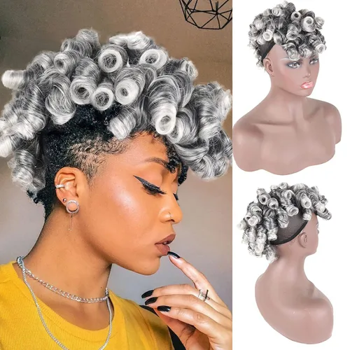 Miniatura 18 de Aisaide Cola de caballo afro Mohawk alta con flequillo sin cordón, extensión de cola de caballo corta rizada sin cordón, clip sintético en moño