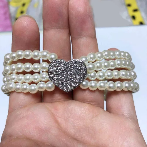 Miniatura 4 de Collar de perlas para perros, collar de boda para perros pequeños con dije de corazón de diamantes de imitación, accesorios de ropa para cachorros