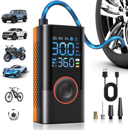 Miniatura 9 de Inflador de neumáticos, compresor de aire portátil, inalámbrico, mini bomba de aire con medidor de presión digital, inflador de 150 PSI, inflado