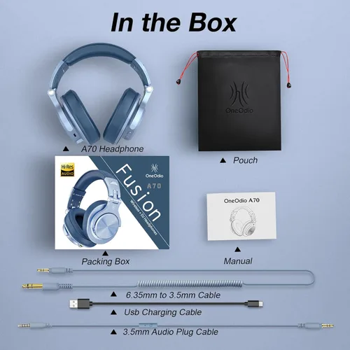 Miniatura 8 de OneOdio Auriculares Bluetooth A70 sobre la oreja, auriculares inalámbricos con tiempo de reproducción de 72 horas, alta resolución, conector de Azul