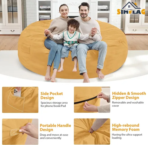 Miniatura 165 de Puf de 5 pies, puf grande con relleno de espuma viscoelástica, sofá puff esponjoso con funda de terciopelo holandés, puf redondo para sala de estar