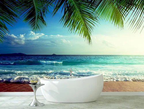 Miniatura 2 de Papel tapiz grande con escenas de playa, murales de pared con ondas oscuras para baño, sala de estar, dormitorio (no es de pelar y pegar)