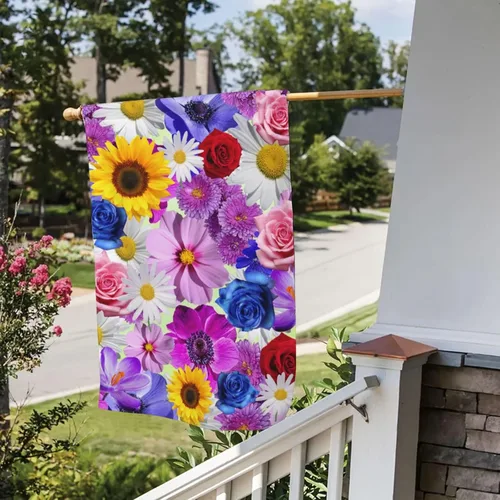 Miniatura 6 de Bandera de jardín con patrón de flores de girasol amarillo, rojo y azul rosa, floral, margarita blanca, flor morada, poliéster de doble cara