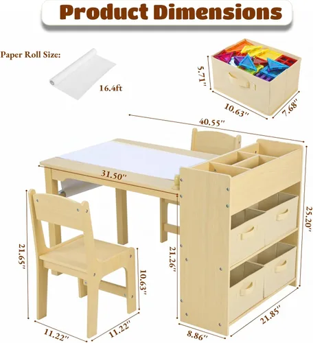 Miniatura 5 de Arlopu - Juego de mesa de arte para niños y 2 sillas, mesa de actividades de madera para niños de gran tamaño, escritorio de dibujo resistente